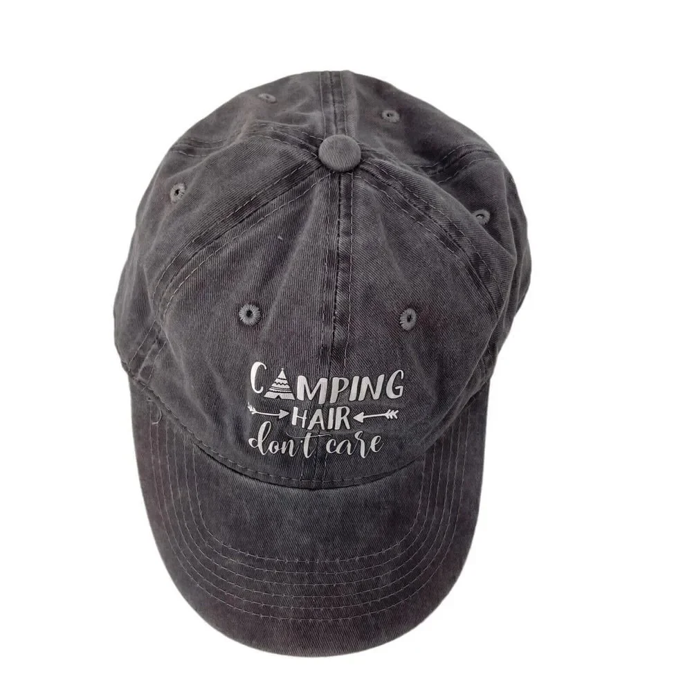 Camping Baseball Hat Cap Camping Hair Dont Care Womens One Size Gray Casual Hat